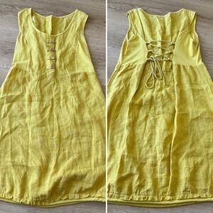 100% Linen Made In Italy Lagenlook Yellow Sundress With Corset Back Detail